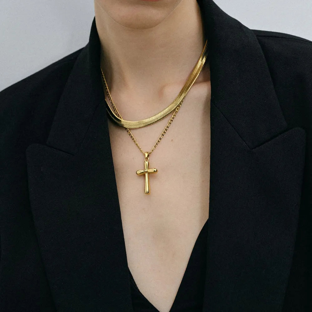 Stainless Steel Cross Necklace Gold One Size OutfitFlow