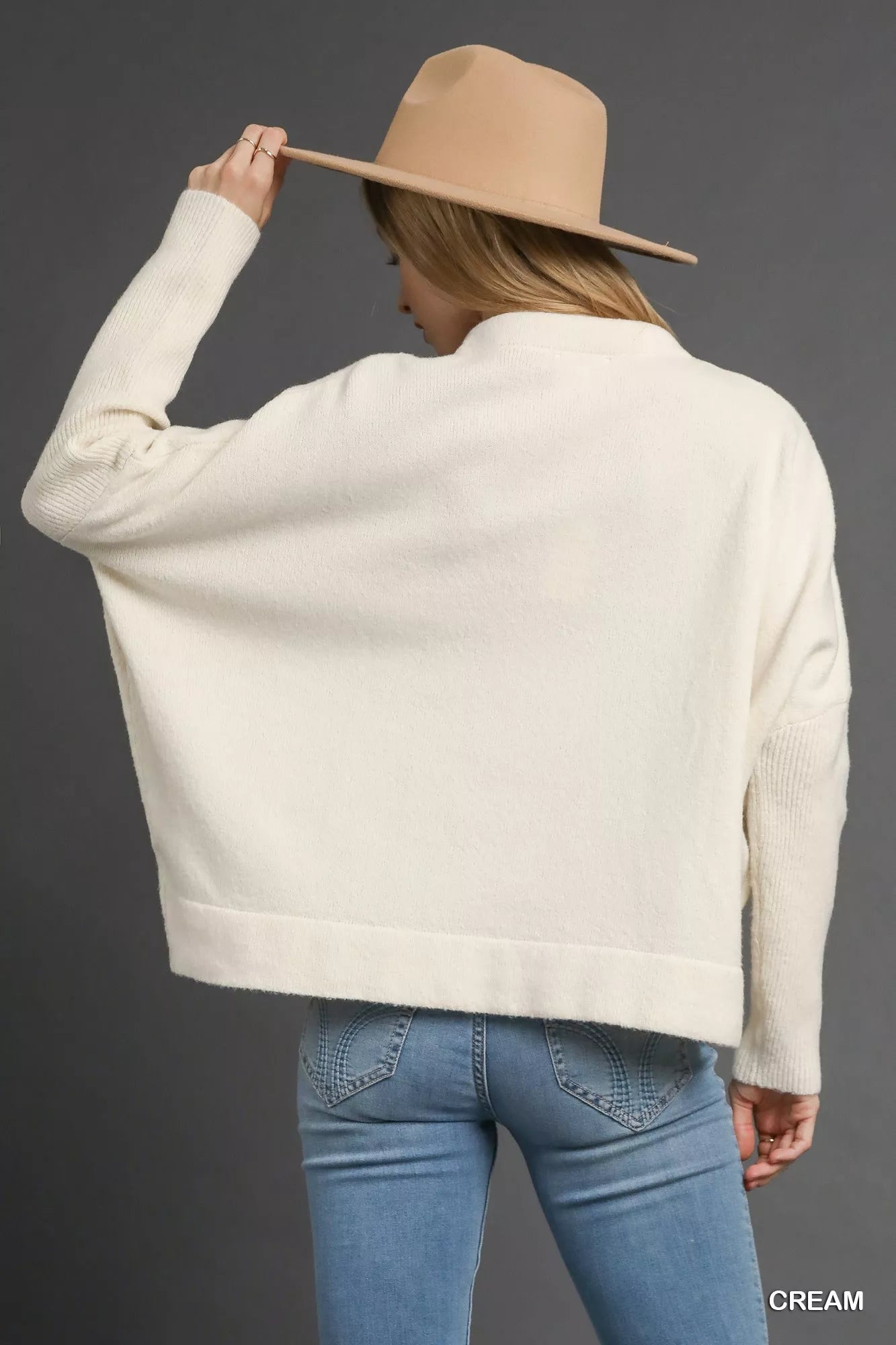 Umgee V-Neck Sweater with Wide Trim Detail OutfitFlow