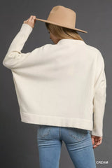 Umgee V-Neck Sweater with Wide Trim Detail OutfitFlow