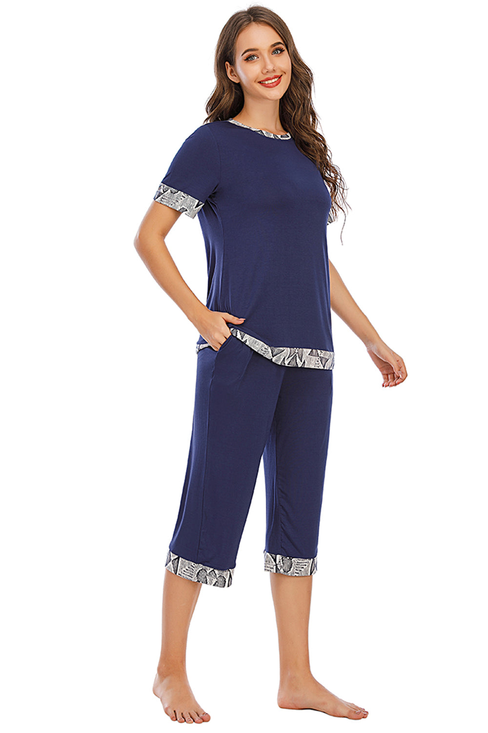 Outfit Flow - Round Neck Short Sleeve Top and Capris Pants Lounge Set