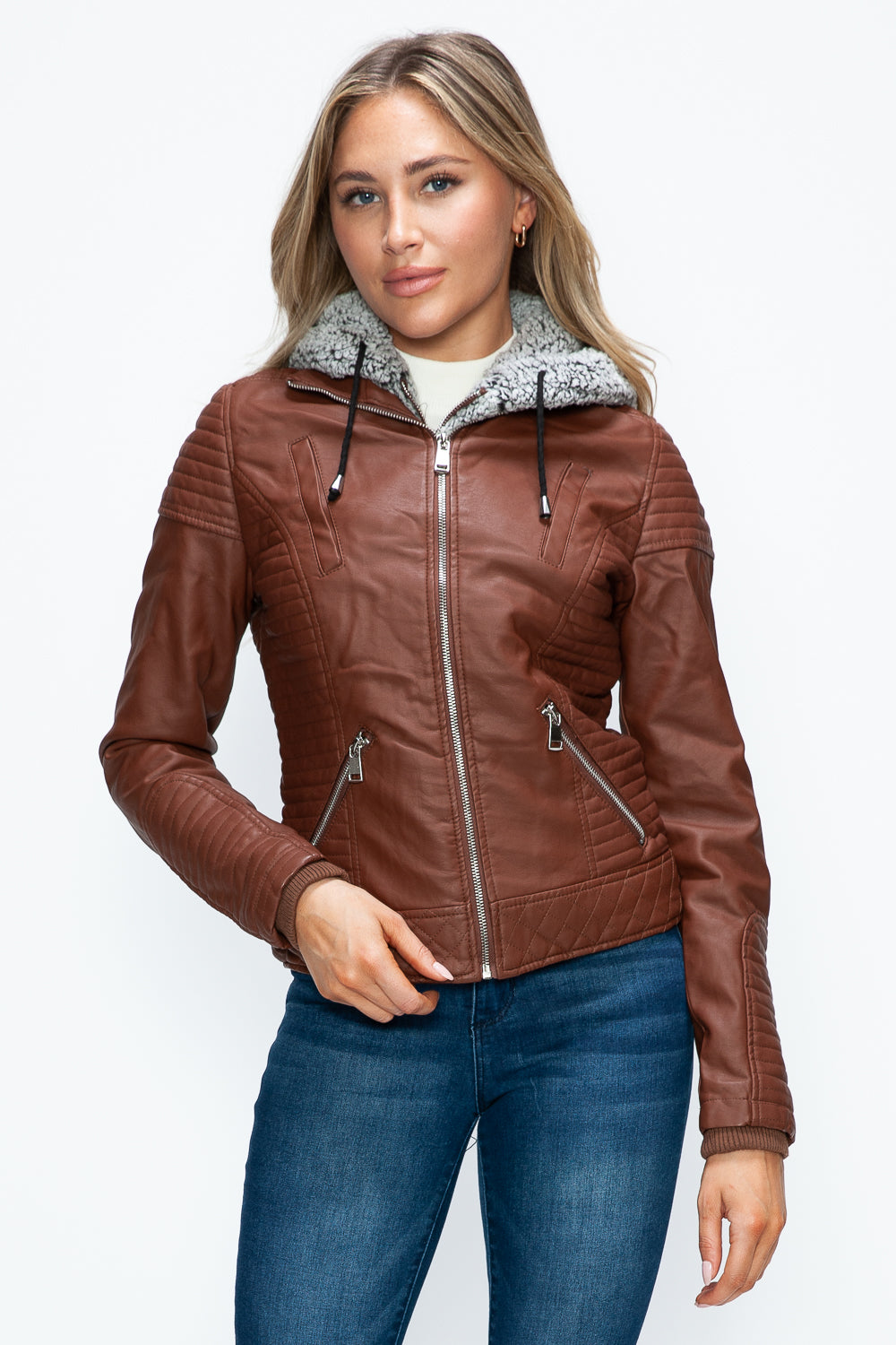 Outfit Flow - YMI Faux Layered Double-Zipper Jacket with Fuzzy Hood