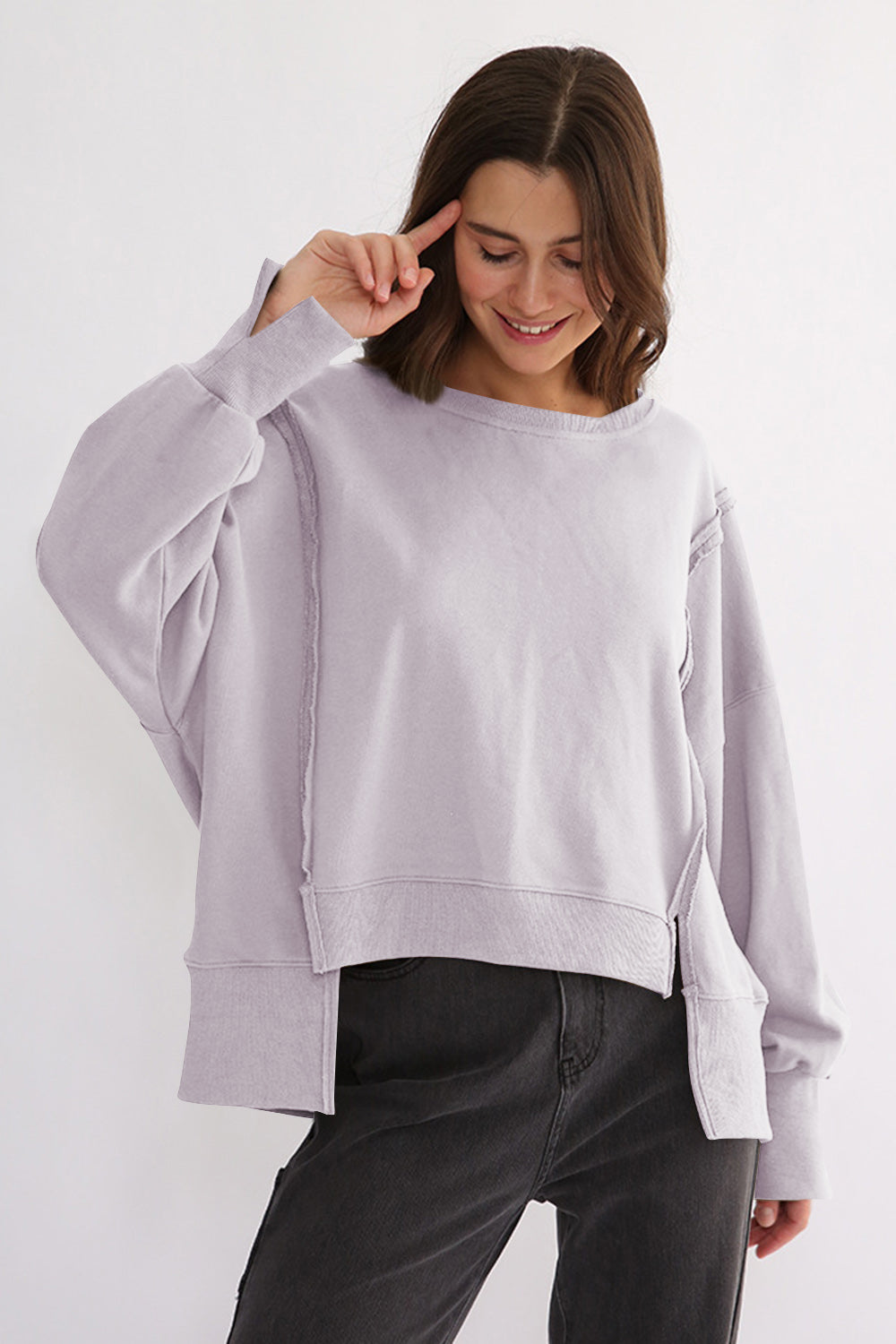 Outfit Flow - Exposed Seam High-Low Long Sleeve Sweatshirt