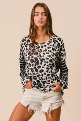 BiBi Leopard Hacci Knit Twist Back Top With Stripe Sleeve OutfitFlow