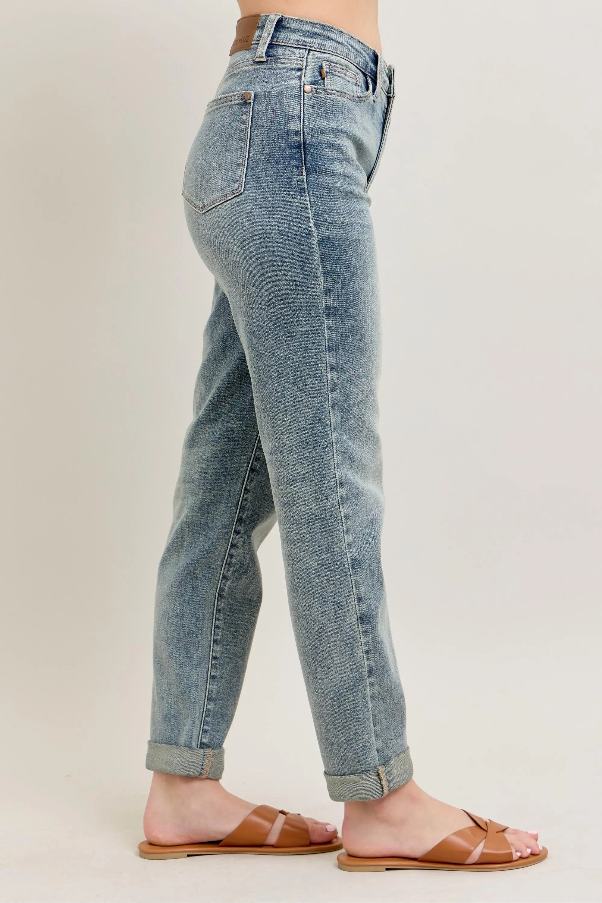 Judy Blue Full Size Hw Vintage Wash Double Roll Cuff Bf Jeans Plus Size OutfitFlow
