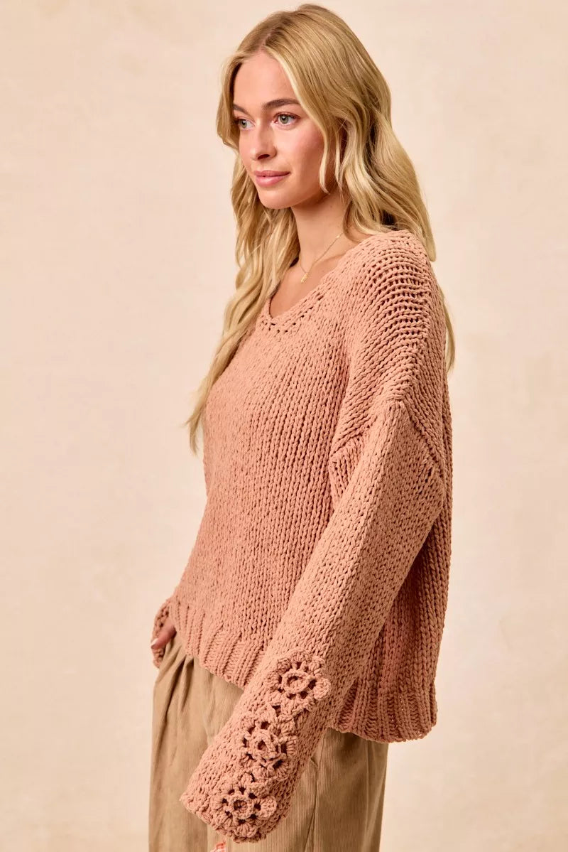 BiBi Chunky Knit Sweater with Flower Detail Sleeves OutfitFlow