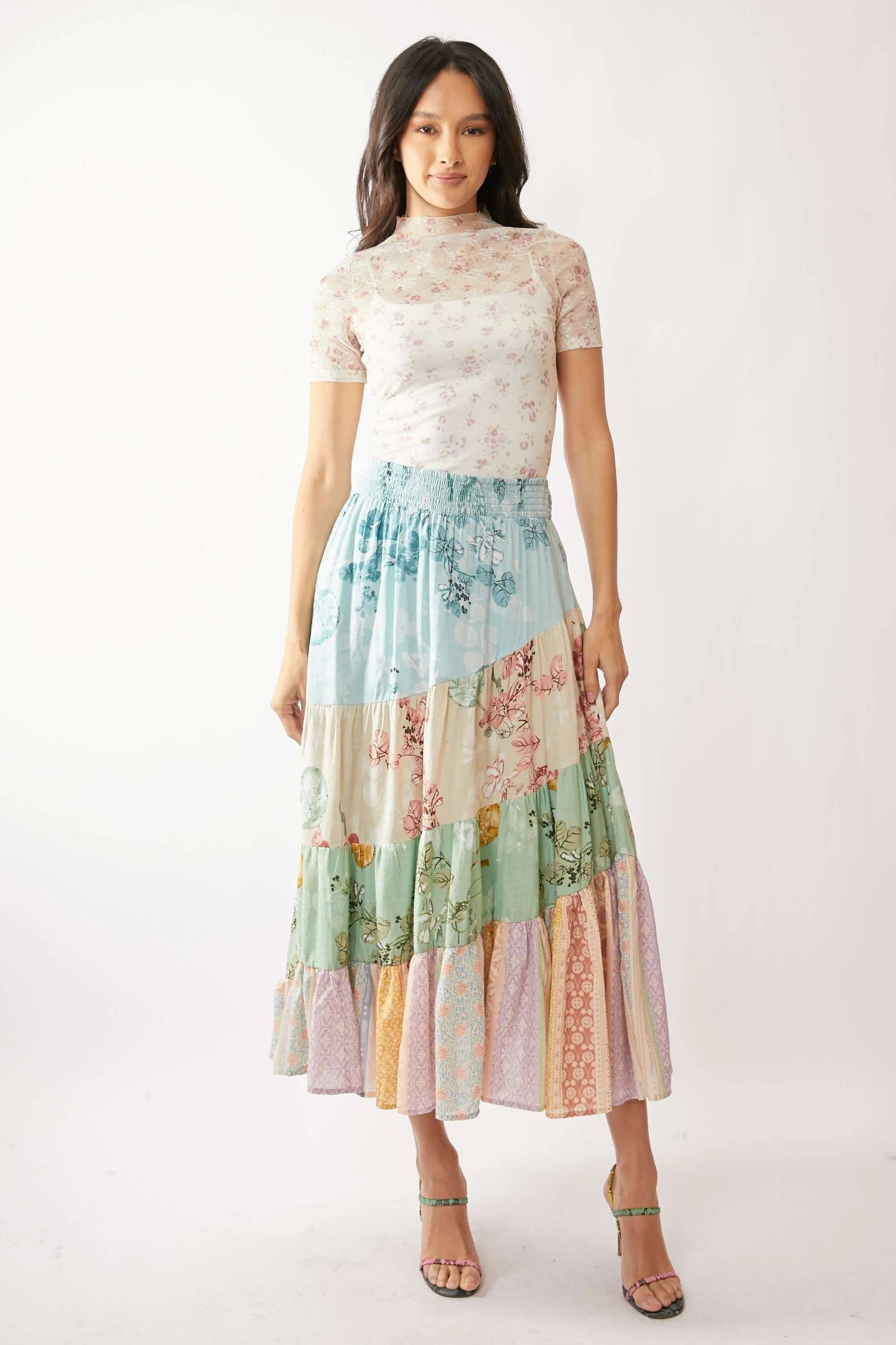 Davi & Dani Floral Mesh Mock Neck Short Sleeve Top OutfitFlow