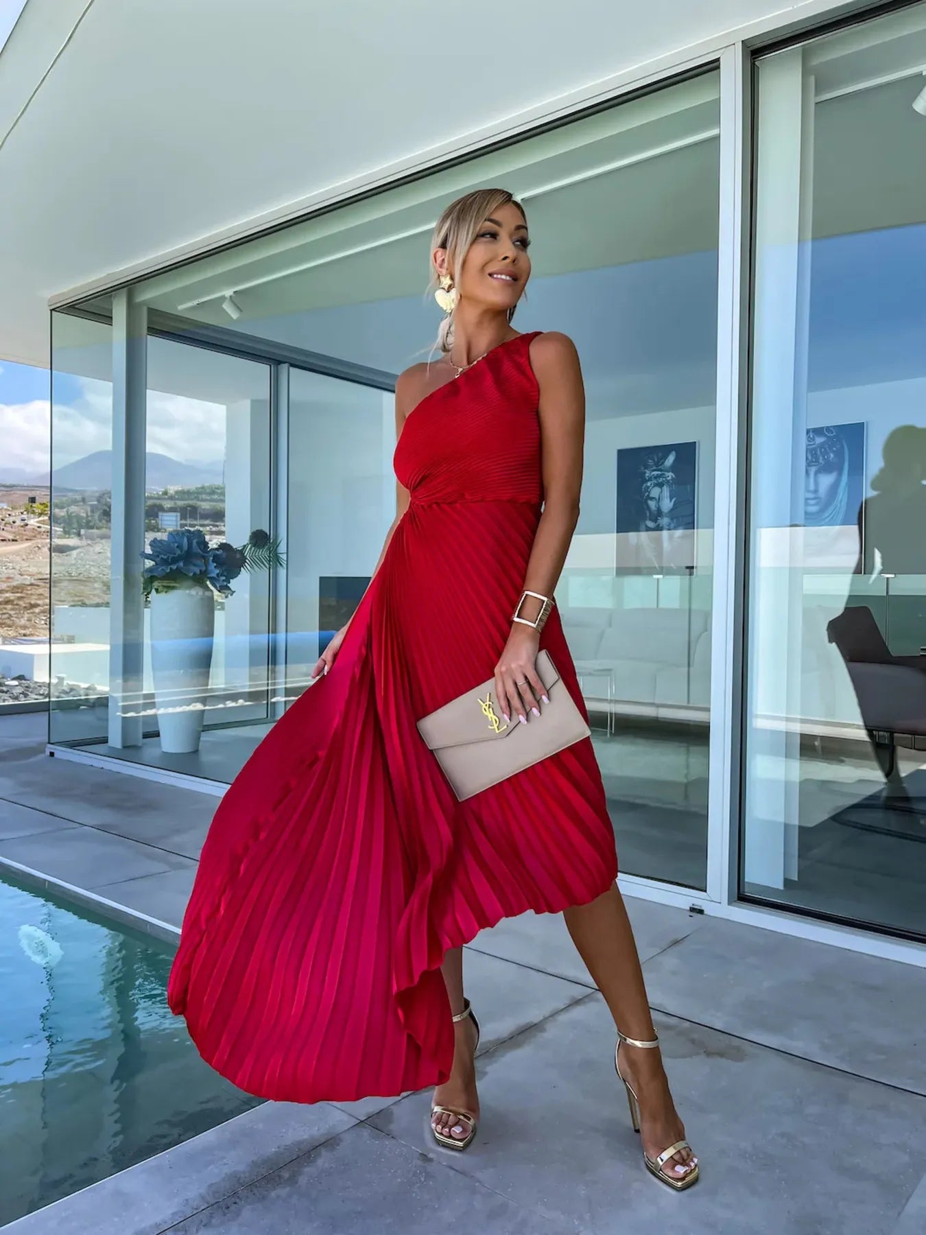 Full Size Single Shoulder Pleated Midi Dress Plus Size OutfitFlow