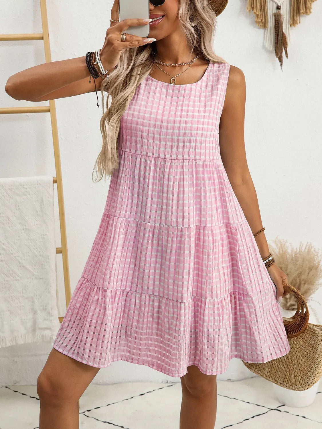 Plaid Round Neck Sleeveless Mini Dress OutfitFlow