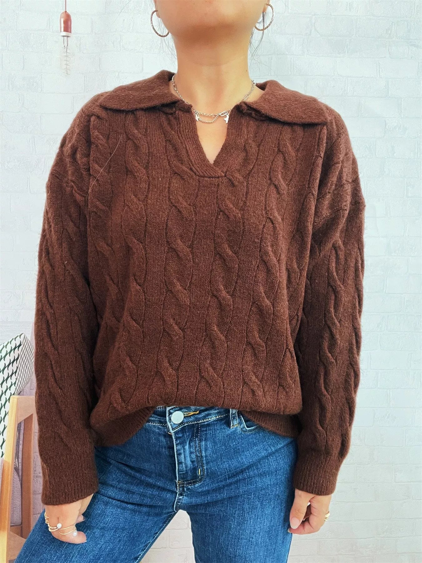 Cable Knit Johnny Collar Sweater Trendsi