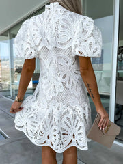 Lace Mock Neck Puff Sleeve Dress OutfitFlow