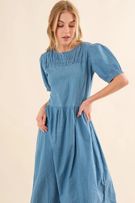 And The Why Full Size Washed Chambray Midi Dress Plus Size OutfitFlow