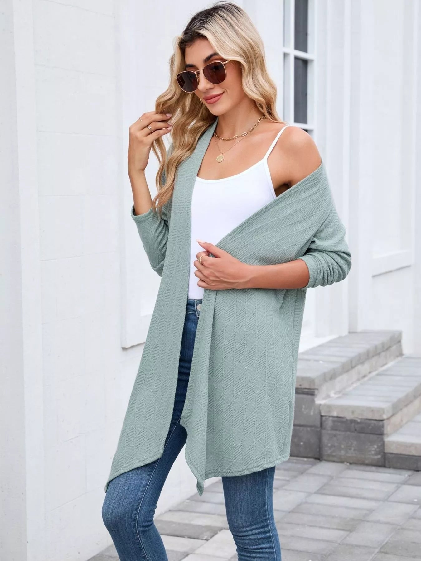 Open Front Long Cardigan Dark Green OutfitFlow