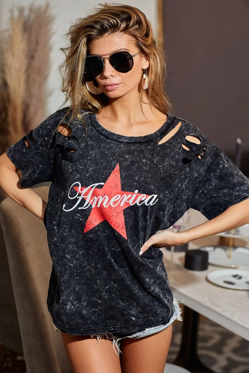 BiBi Laser Cut Mineral Washed Jersey Top with America OutfitFlow