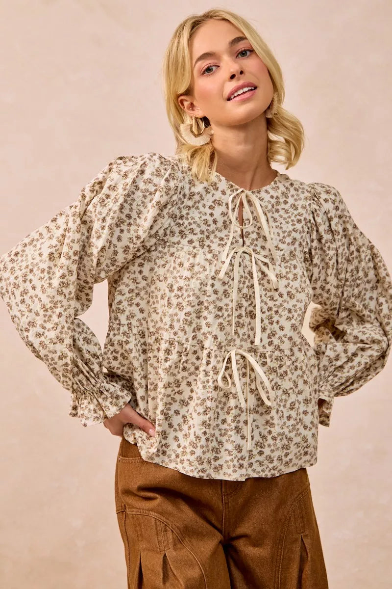 BiBi Floral Printed Peplum Blouse with Shirring and Tied OutfitFlow