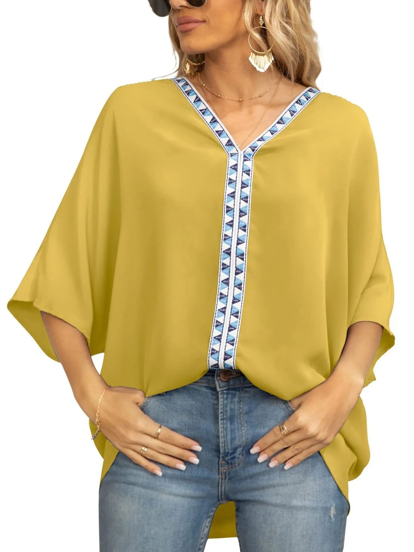 Oversized Contrast V-Neck Half Sleeve Blouse OutfitFlow
