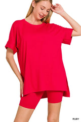 Zenana Full Size Brushed Dty Microfiber Round Neck Top and Biker Shorts Set Plus Size RUBY Trendsi