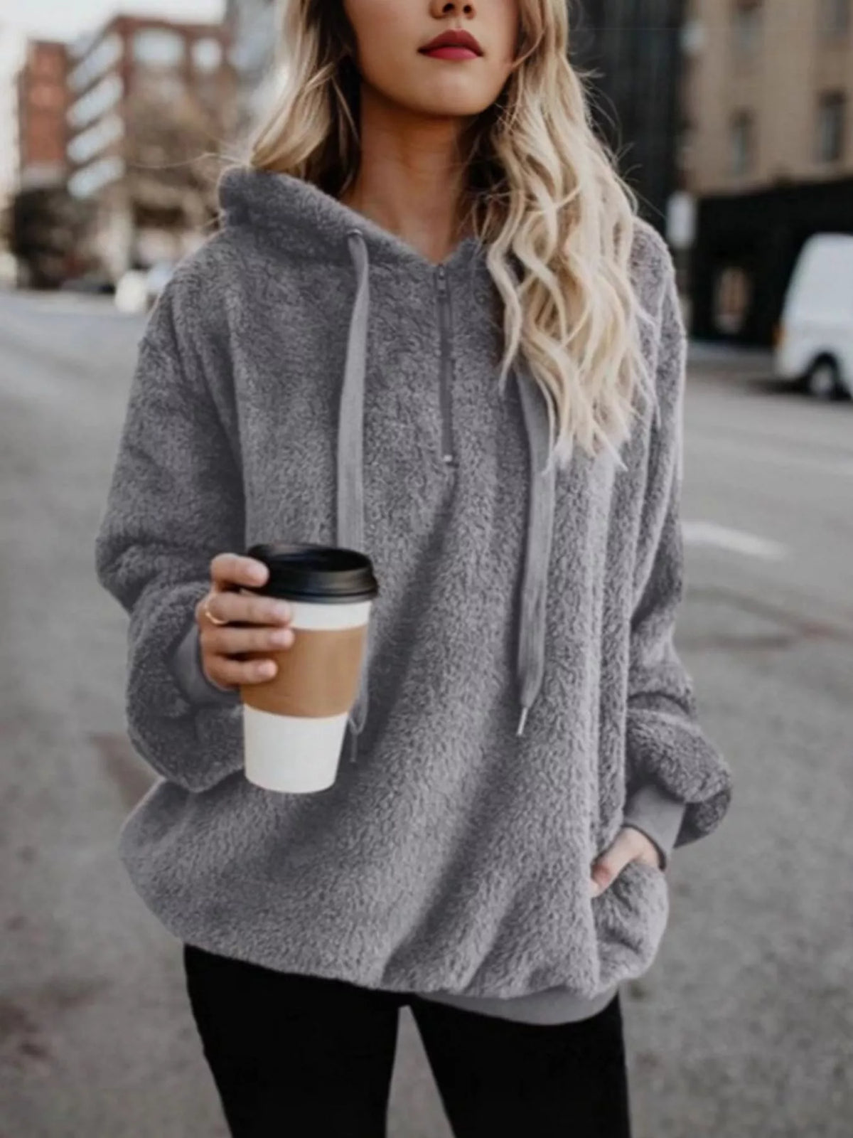 Full Size Half Zip Drawstring Fleece Hoodie Plus Size Gray OutfitFlow