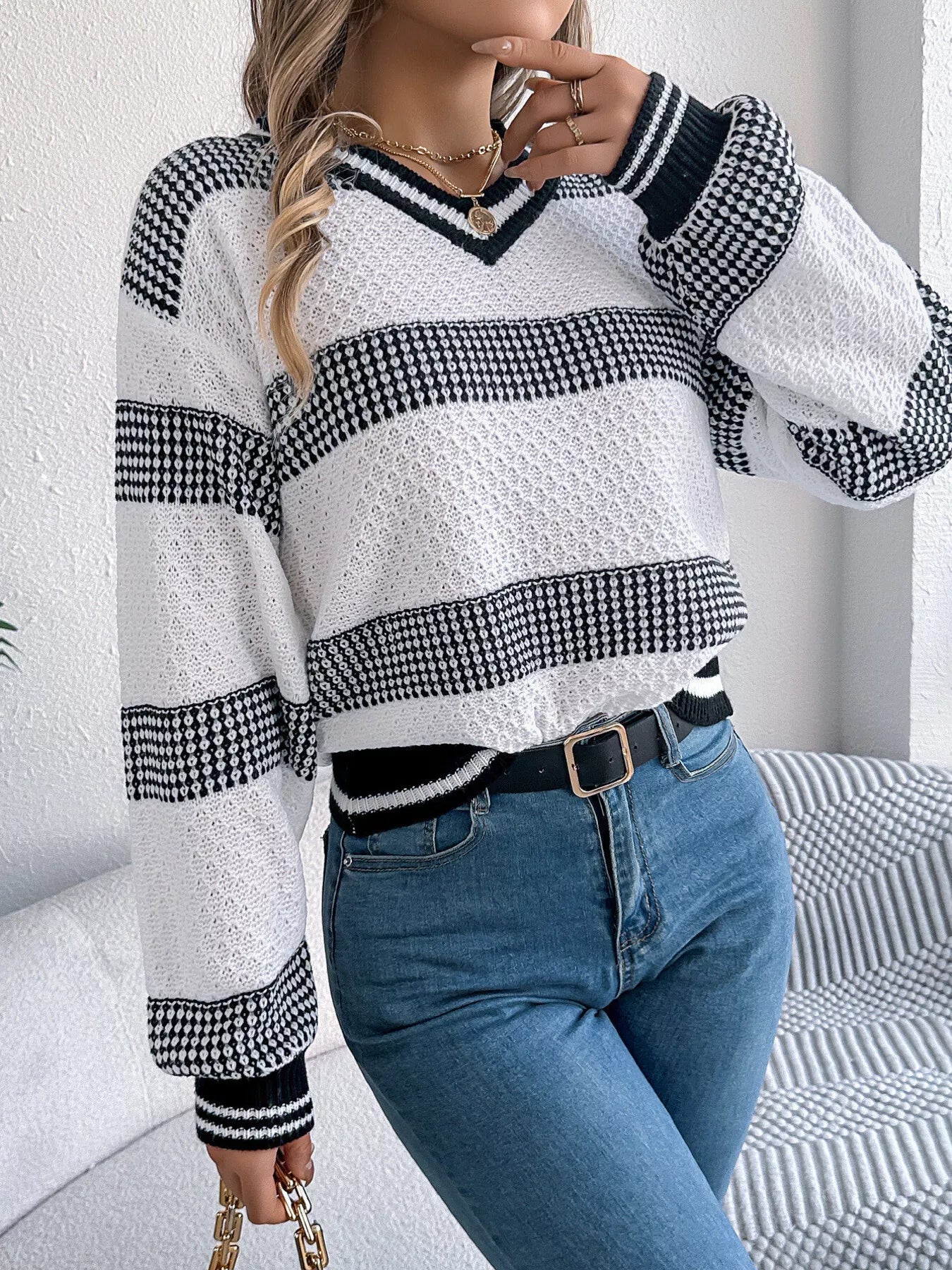 Contrast Striped V-Neck Sweater OutfitFlow