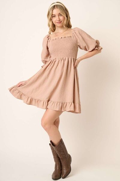 Mittoshop Smocked Ruffled Hem Half Sleeve Mini Dress OutfitFlow