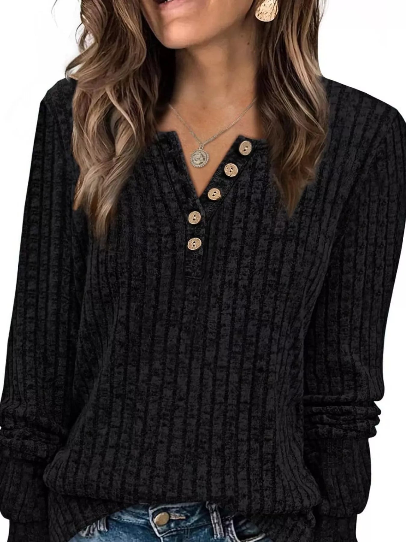 Ribbed Knit Button-Front Long Sleeve T-Shirt OutfitFlow