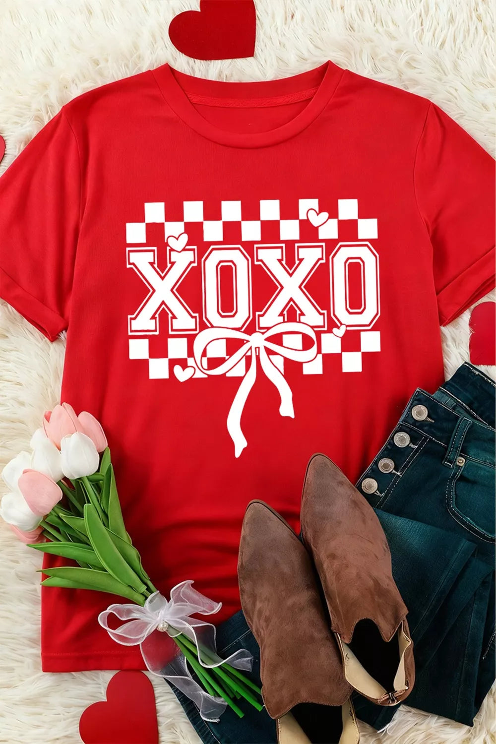 XOXO Checkered Ribbon Bow Print Valentines Day T Shirt OutfitFlow