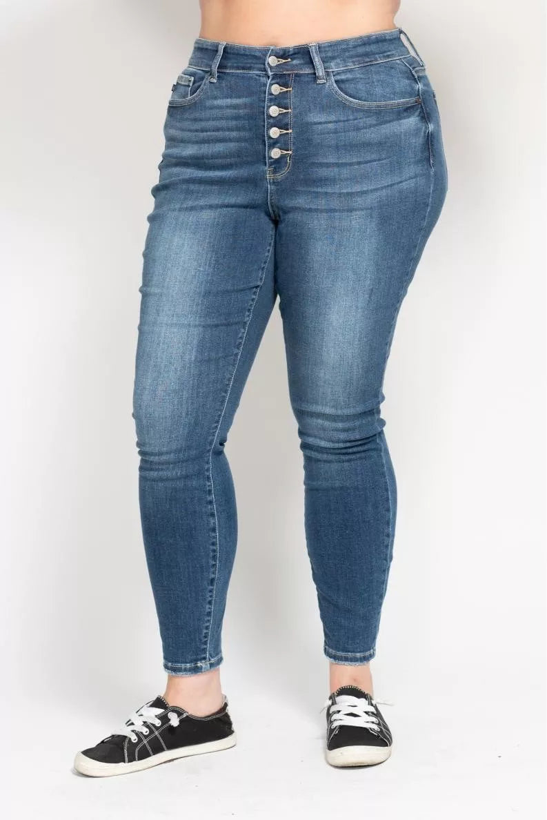 Judy Blue Full Size High Rise Button Fly Skinny Jeans Plus Size OutfitFlow