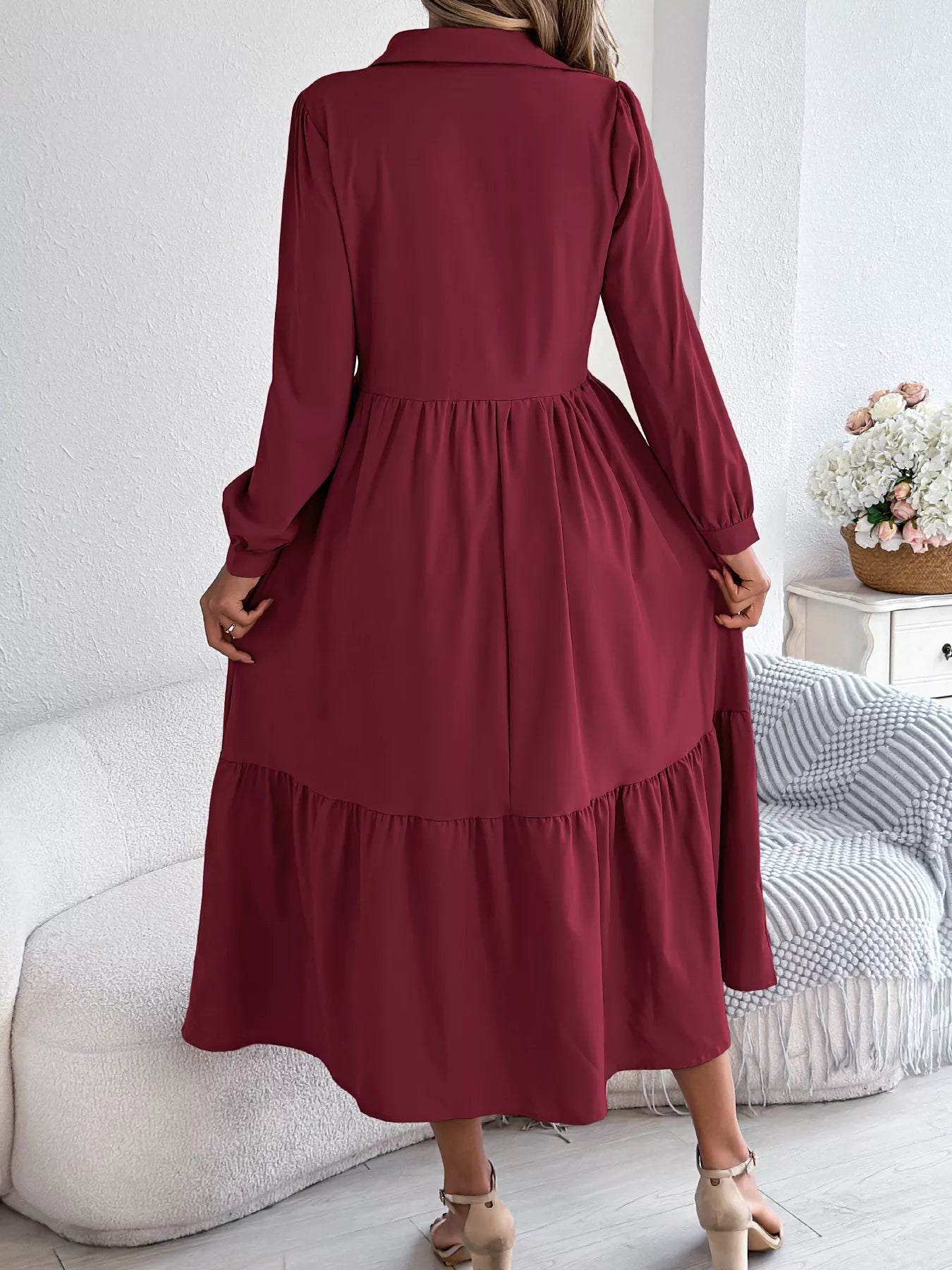 Long Sleeve Tiered Button Front Midi Dress OutfitFlow