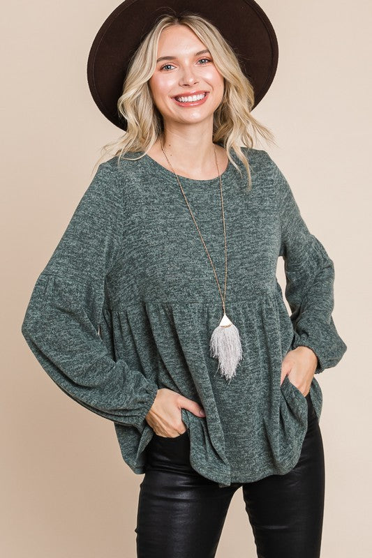 Outfit Flow - Super Lady Full Size Heathered Round Neck Babydoll Top