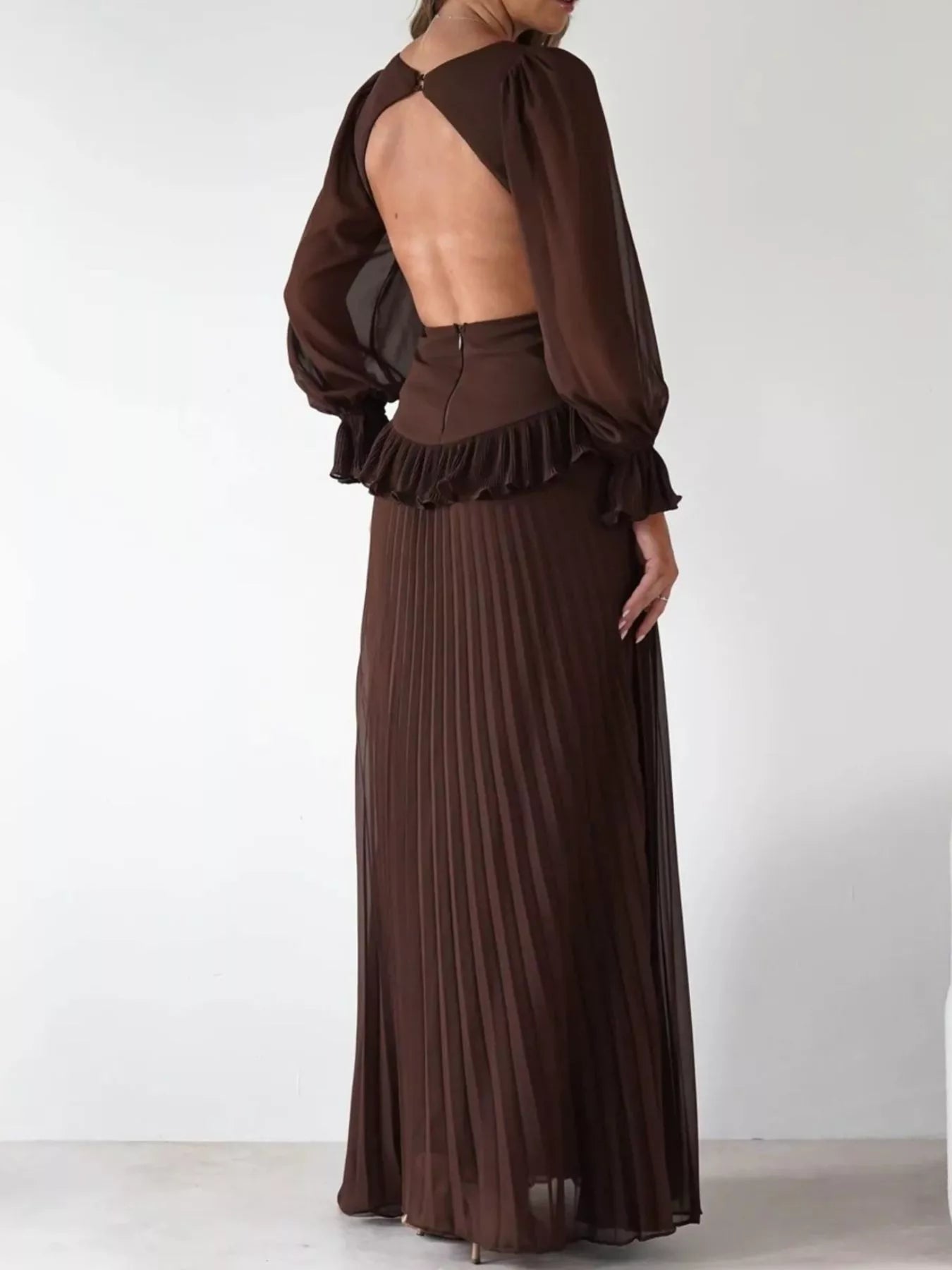 Backless Pleated Long Sleeve Maxi Dress OutfitFlow