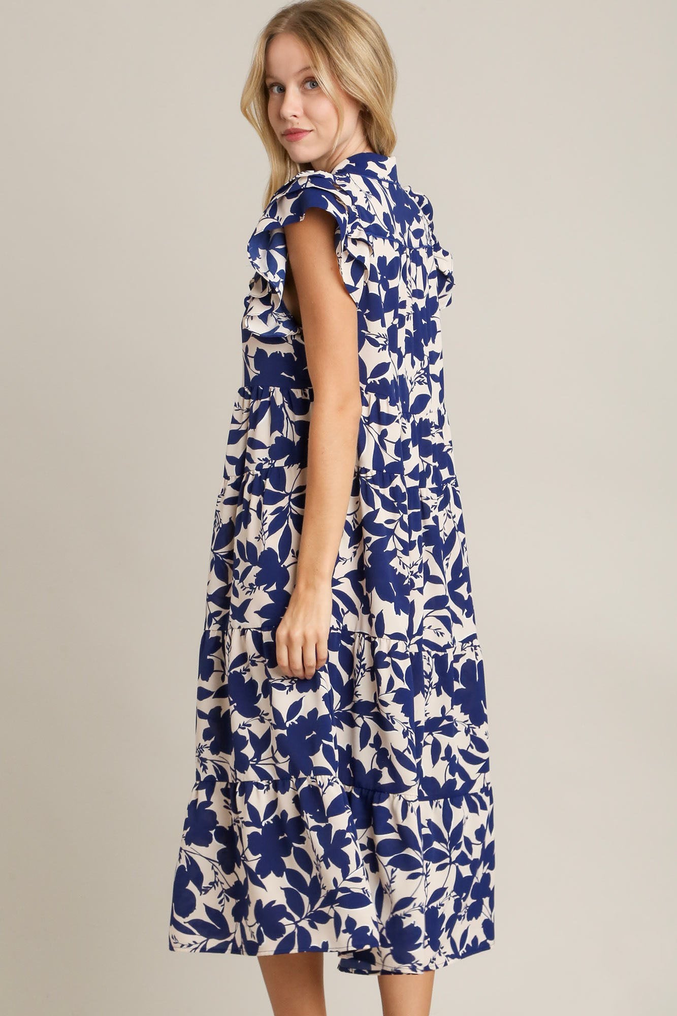 Umgee Full Size Floral Collared Ruffle Cap Sleeve Midi Dress Plus Size OutfitFlow