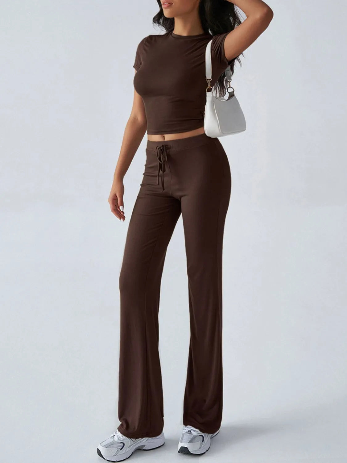 Round Neck Short Sleeve Top and Pants Set OutfitFlow