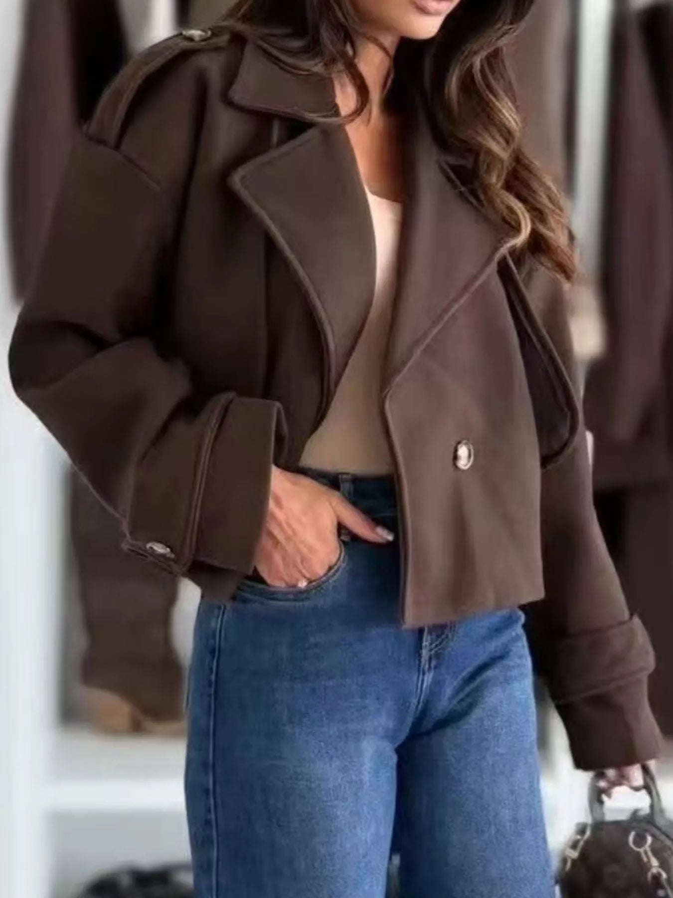 Lapel Collar Dropped Shoulder Jacket Trendsi