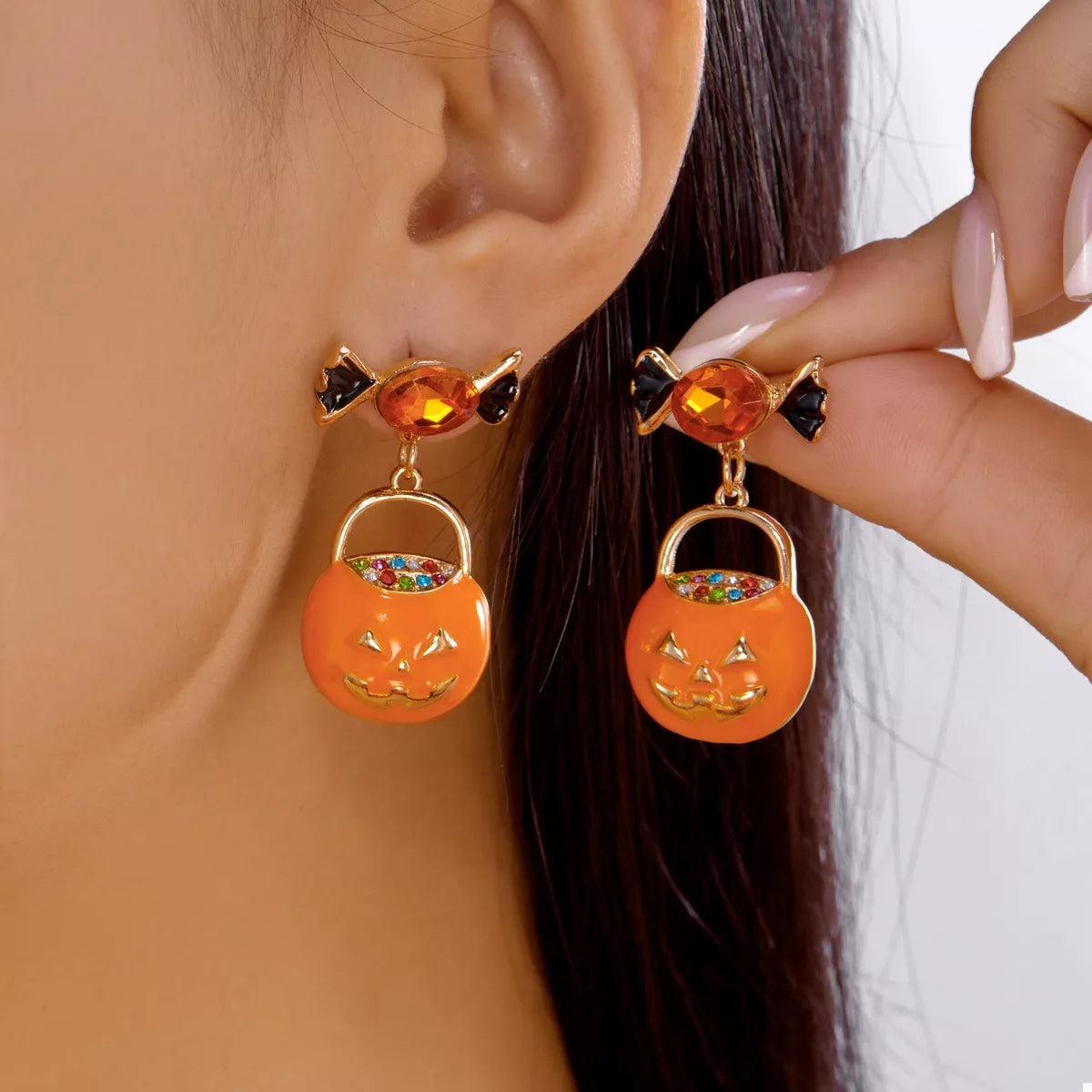 Halloween Rhinestone Pumpkin Dangle Earrings Orange One Size OutfitFlow