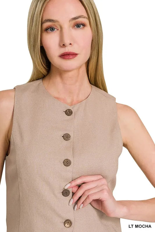 Zenana Linen Button Down Vest OutfitFlow