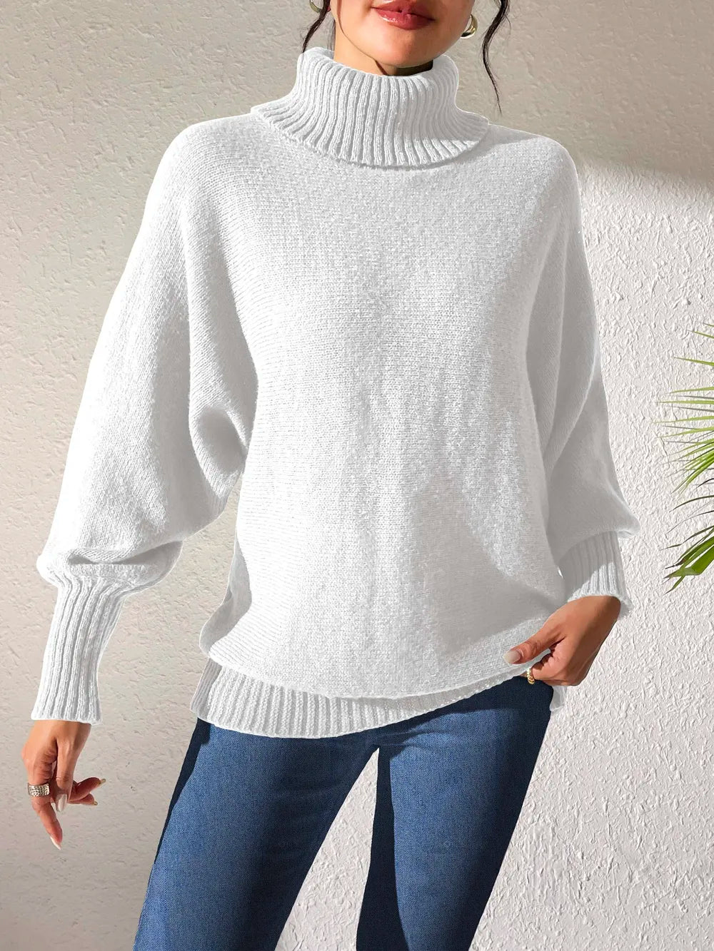 Turtleneck Long Sleeve Sweater White OutfitFlow