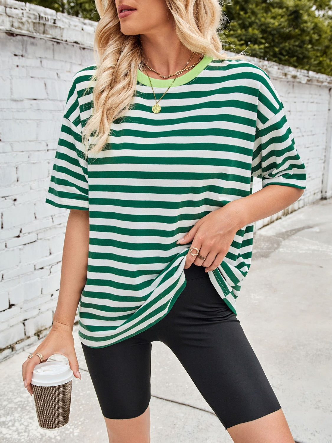 Outfit Flow - Lovelet Striped Round Neck Half Sleeve T-Shirt