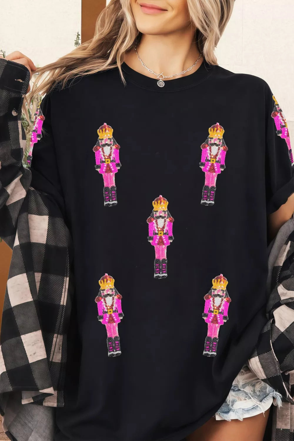 Sequin Patched Christmas Nutcracker Casual T Shirt OutfitFlow