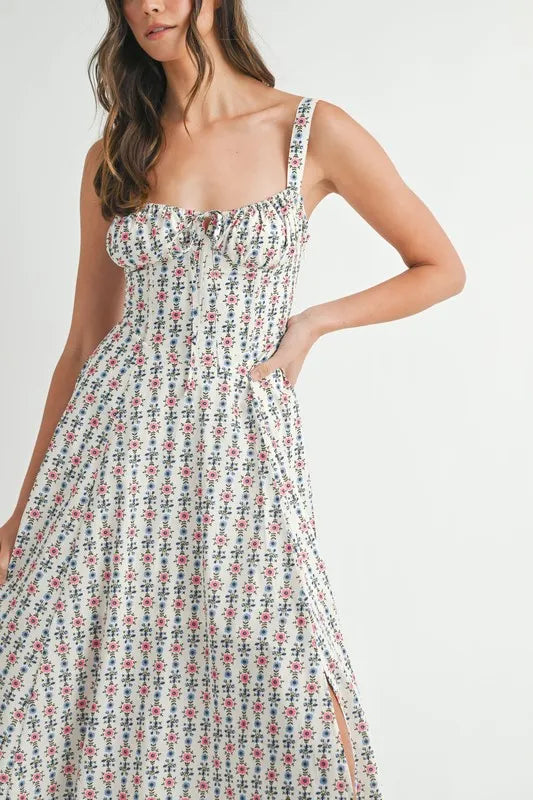 MABLE Floral Print Bustier Back Lace Up Midi Dress OutfitFlow