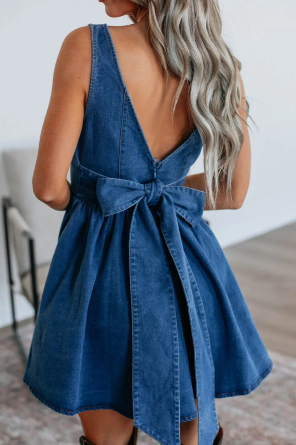 V-Back Bow Tie Denim Skater Dress OutfitFlow