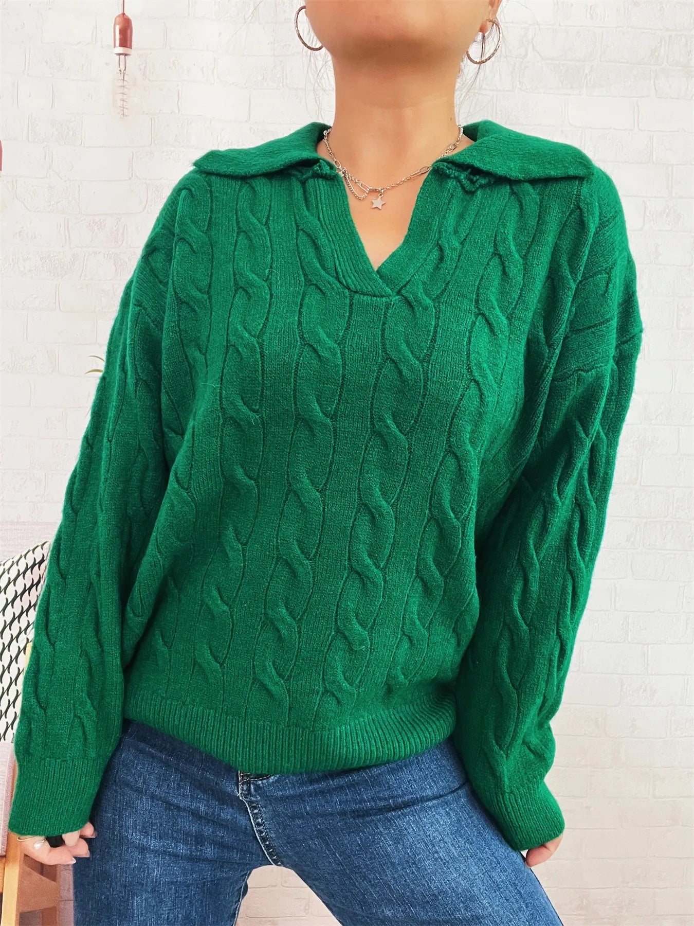 Cable Knit Johnny Collar Sweater Green One Size Trendsi