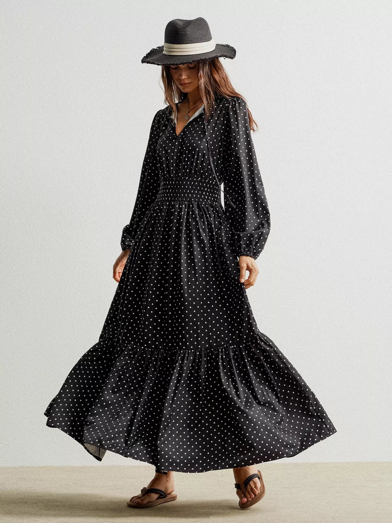 Polka Dot Long Sleeve Maxi Dress OutfitFlow