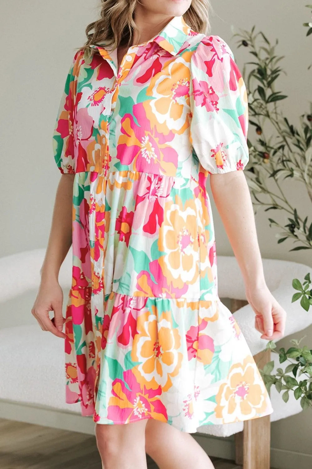 Button Down Floral Puff Sleeve Babydoll Dress OutfitFlow