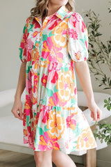 Button Down Floral Puff Sleeve Babydoll Dress OutfitFlow