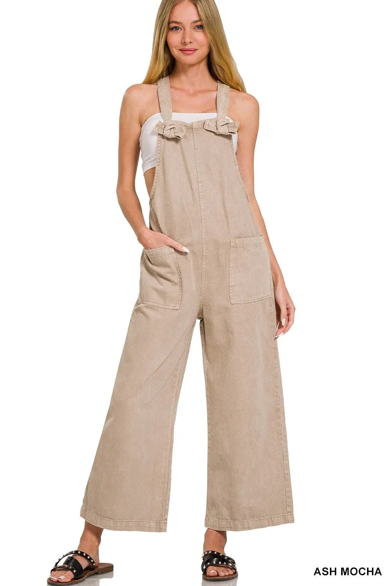 Zenana Washed Knot Strap Pockets Jumpsuit ASH MOCHA OutfitFlow