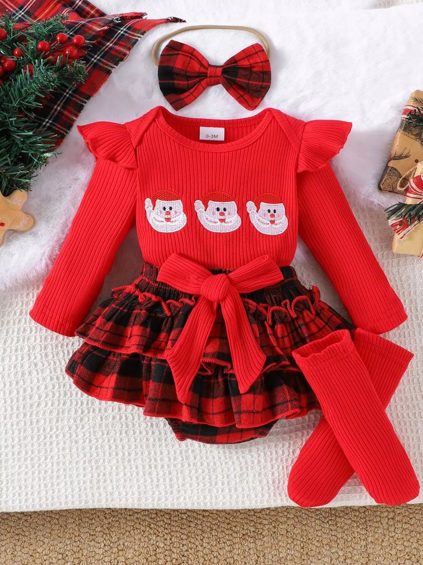 Children's Christmas Ruffle Trim 4-Piece Set Red OutfitFlow
