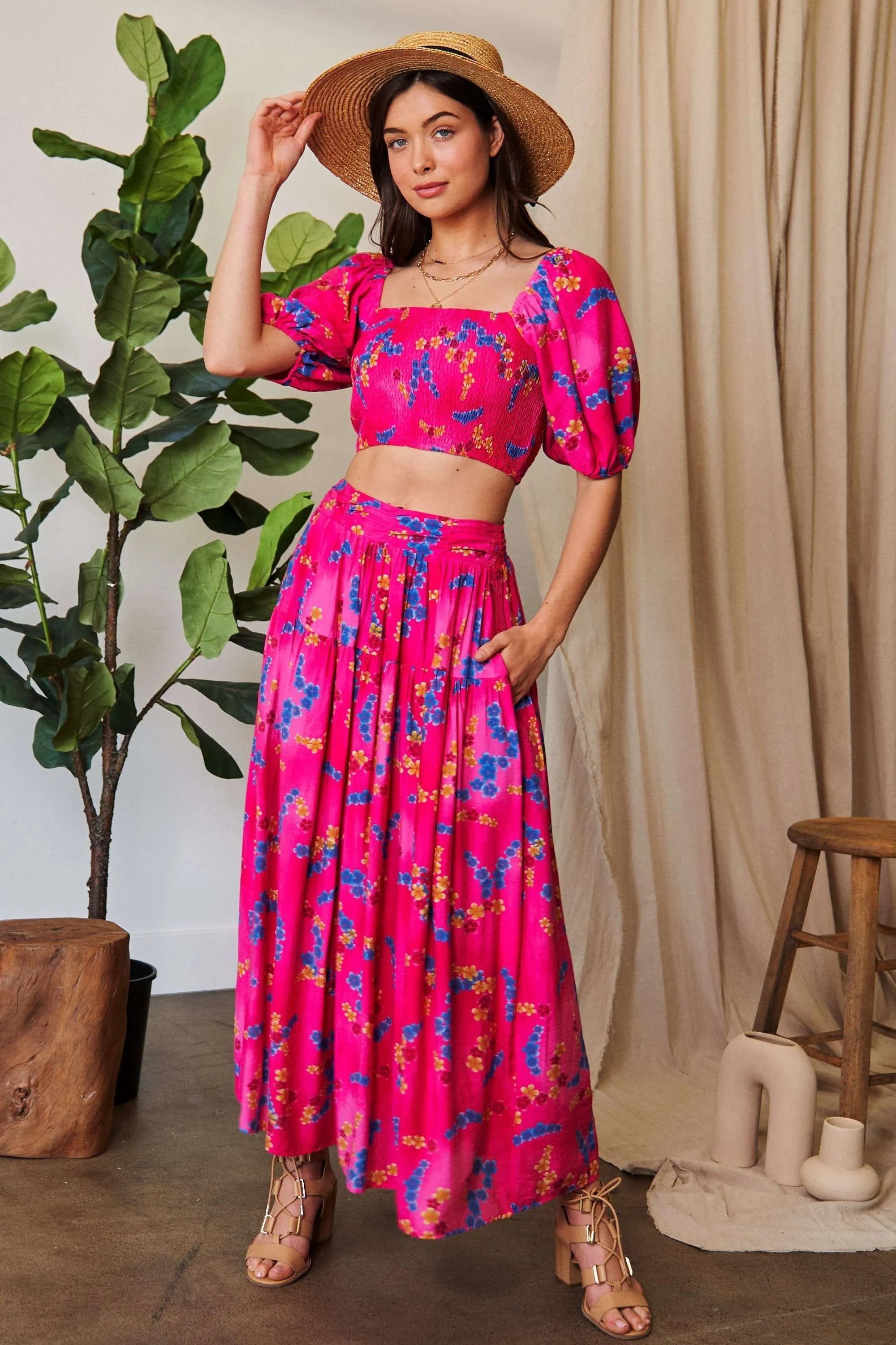Davi & Dani Printed Smocking Waistband Ruffled Maxi Skirt OutfitFlow