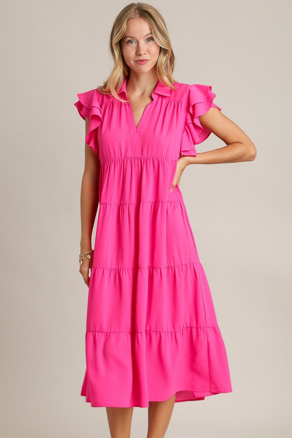 Umgee Full Size Johnny Collar Ruffle Cap Sleeve Tiered Dress Plus Size Hot Pink OutfitFlow