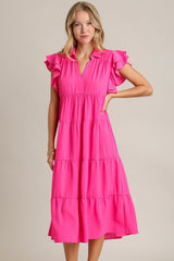Umgee Full Size Johnny Collar Ruffle Cap Sleeve Tiered Dress Plus Size Hot Pink OutfitFlow