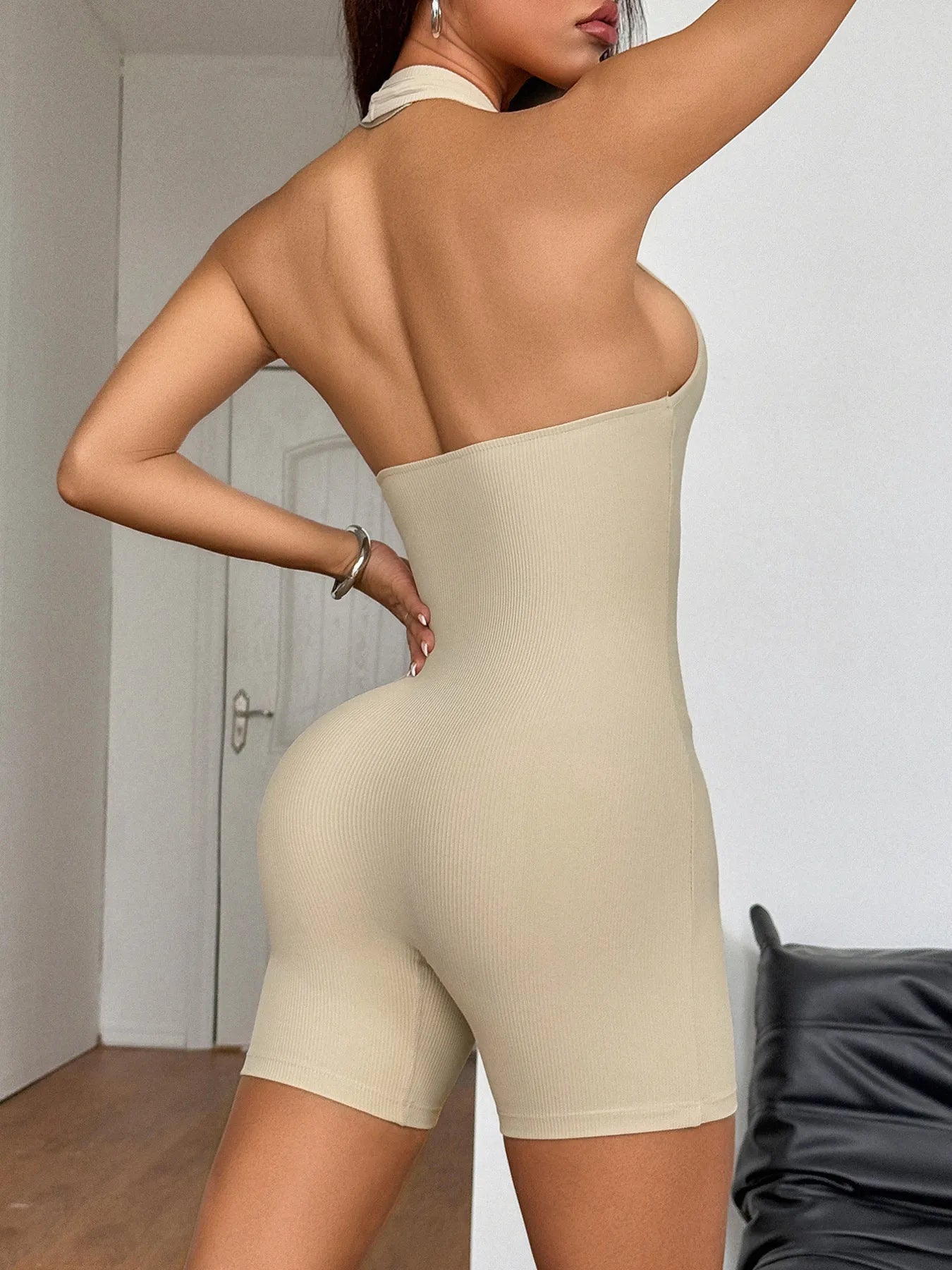 Halter Neck Ribbed Athletic Romper OutfitFlow