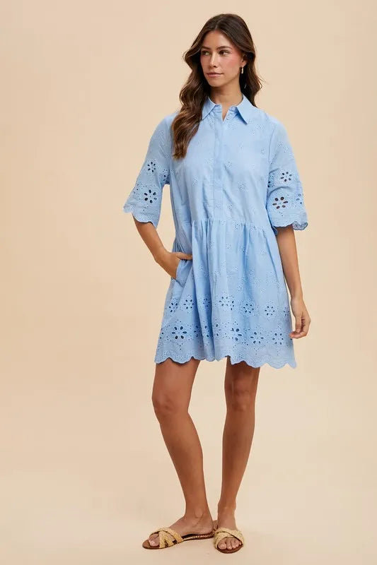 Annie Wear Embroidered Scallop Edge Detail Mini Shirt Dress OutfitFlow